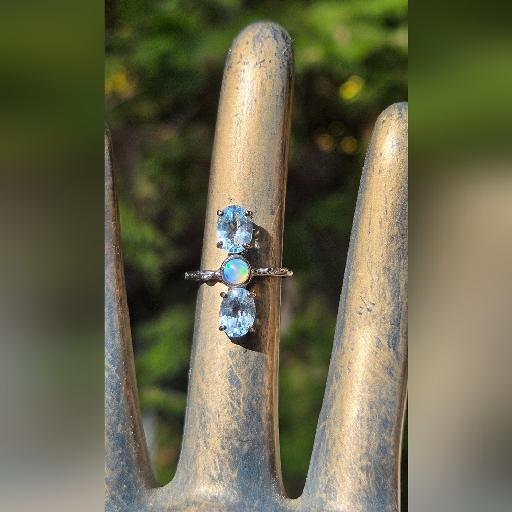 Blue Topaz & Opal Natural Gemstone Sterling & Rhodium Ring Sz6 - Picture 6 of 8